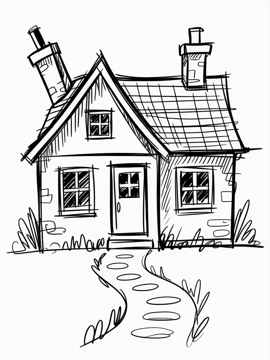 30x Sketch Ideas Easy: Quick and Creative Ideas for Instant Inspiration 2026 12 Sketch Ideas Easy black-and-white line drawing of a cozy cottage with a steep roof, two chimneys, cross-paned windows, a curving stone path, and simple shrubs.
