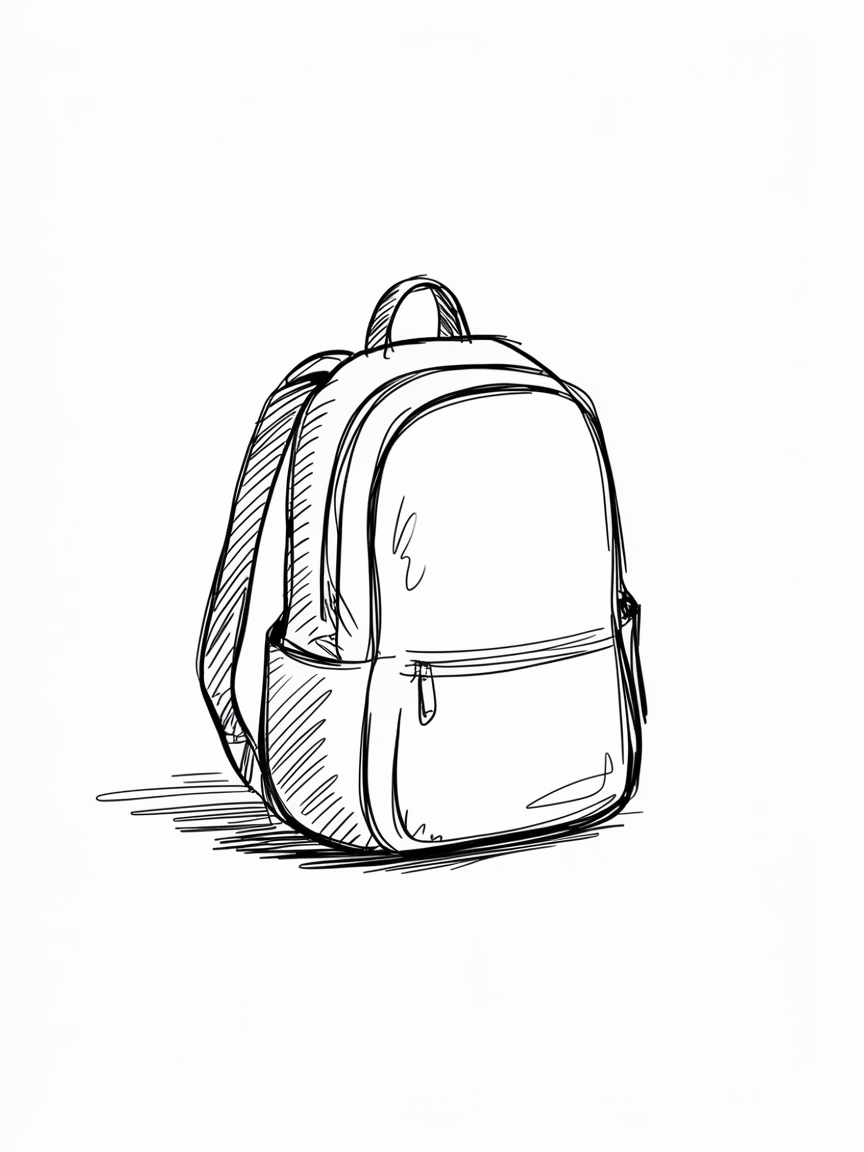 30x Sketch Ideas Easy: Quick and Creative Ideas for Instant Inspiration 2026 16 Sketch Ideas Easy backpack line drawing with simple hatching, side pockets, a zipper pull, and a small cast shadow on a white background.