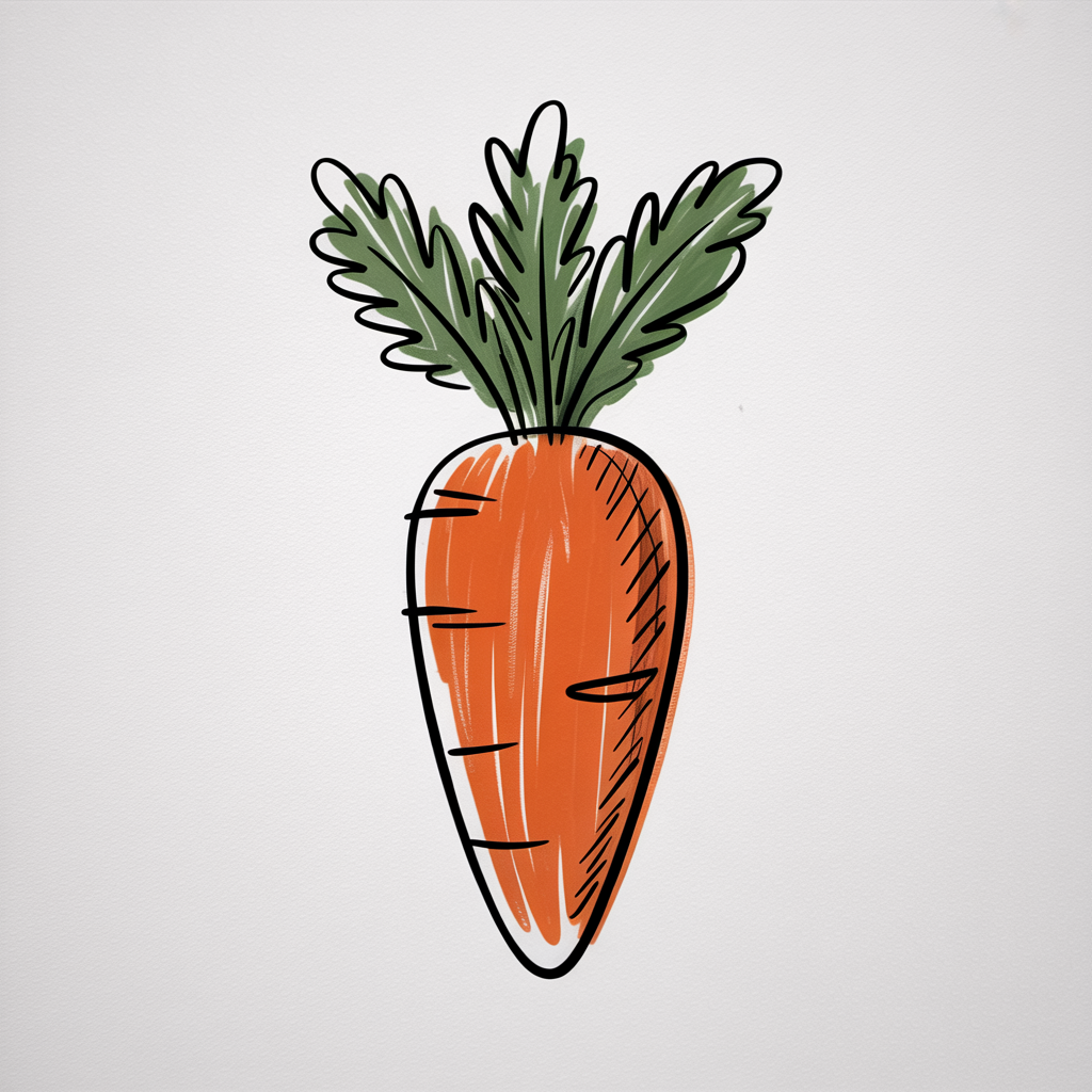 30x Sketch Ideas Easy: Quick and Creative Ideas for Instant Inspiration 2026 17 Sketch Ideas Easy, a simple hand-drawn carrot with green leaves, bold black outline, and light highlights on a white background.