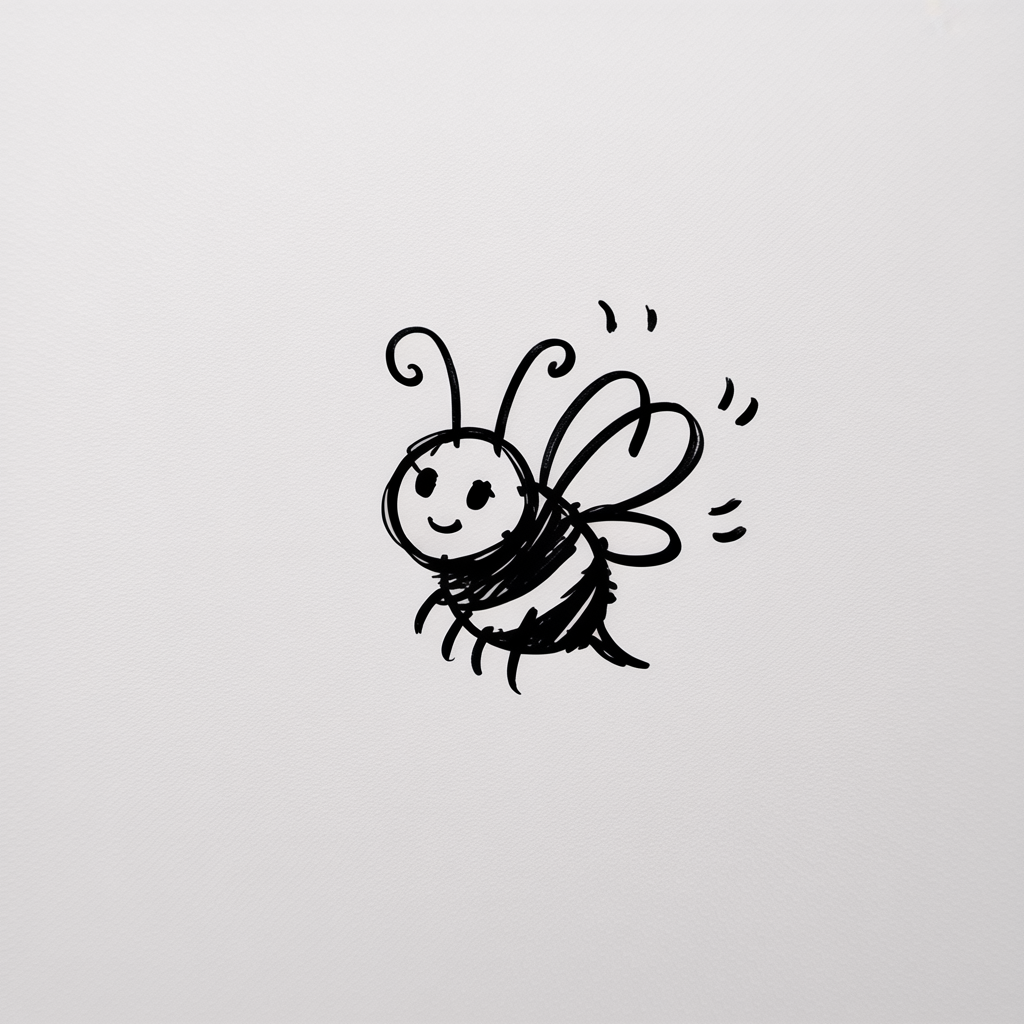 30x Sketch Ideas Easy: Quick and Creative Ideas for Instant Inspiration 2026 18 Sketch Ideas Easy, a simple black ink doodle of a cute bee with curved antennae, striped body, and flutter lines on white textured paper.