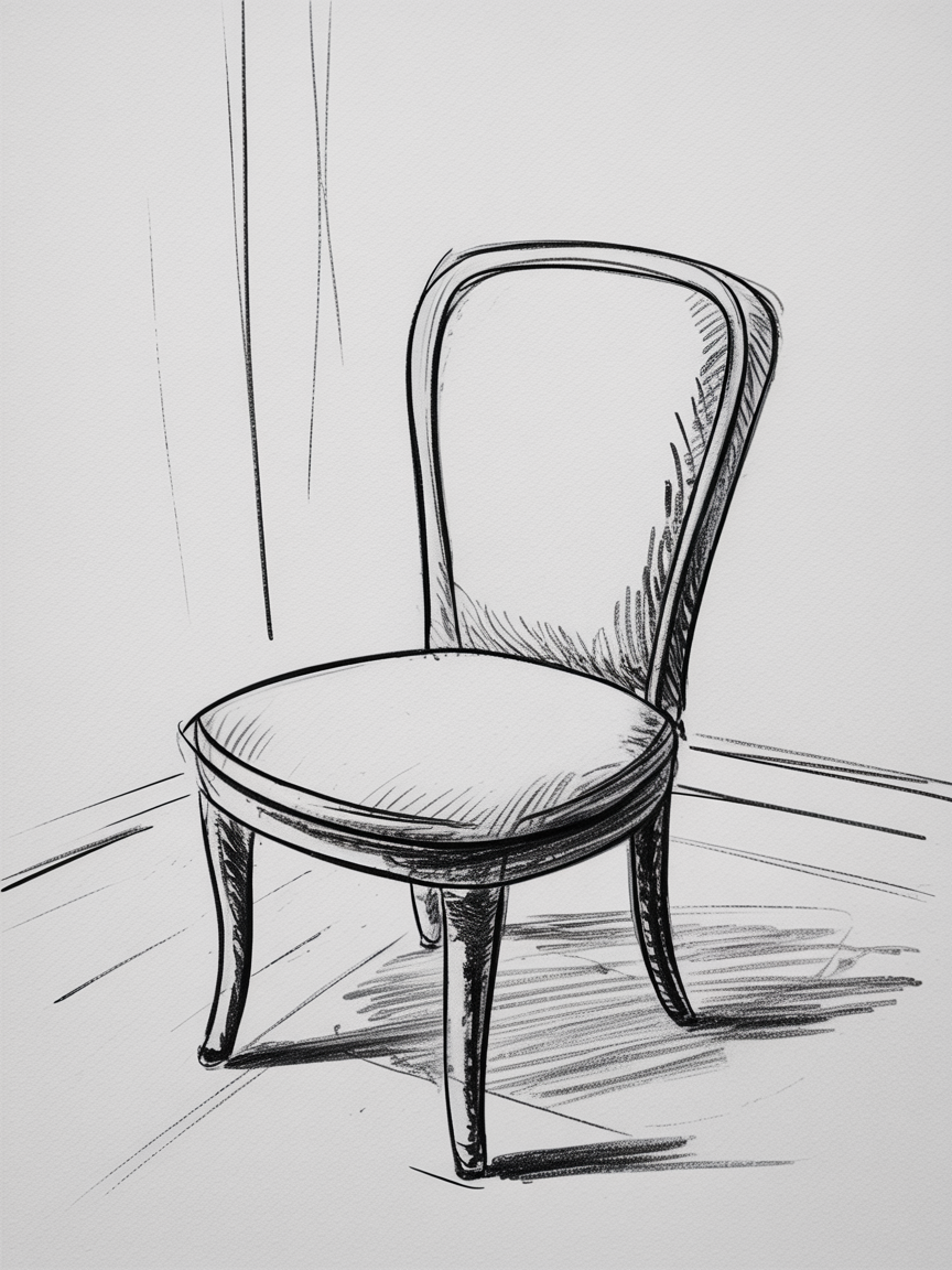 30x Sketch Ideas Easy: Quick and Creative Ideas for Instant Inspiration 2026 19 Sketch Ideas Easy, a black and white sketch of a curved-back chair with an oval seat in a corner, clean lines and a soft cast shadow on the floor.