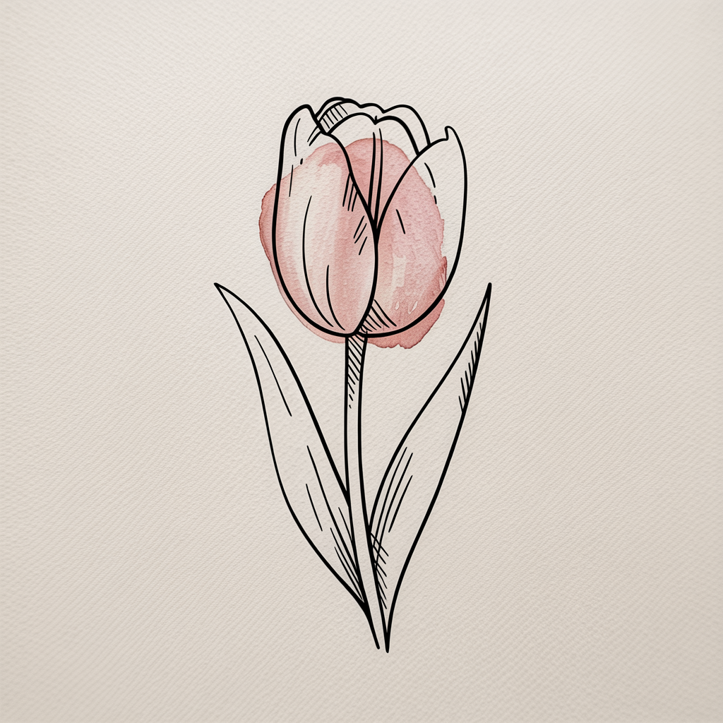 30x Sketch Ideas Easy: Quick and Creative Ideas for Instant Inspiration 2026 20 Sketch Ideas Easy, simple ink outline tulip with a soft pink watercolor wash on textured paper.