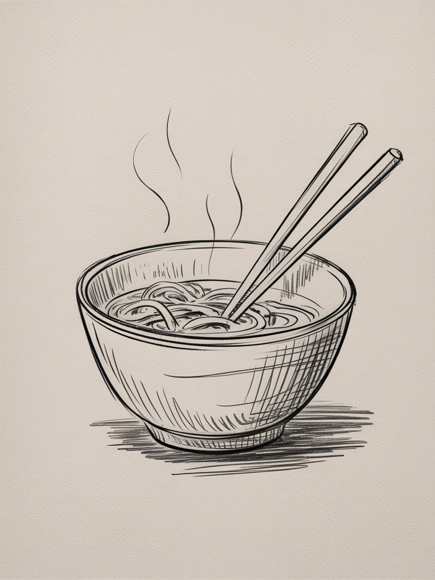 30x Sketch Ideas Easy: Quick and Creative Ideas for Instant Inspiration 2026 21 Sketch Ideas Easy, a clean ink drawing of a steaming noodle bowl with chopsticks, crosshatched shadows, and soft paper texture.