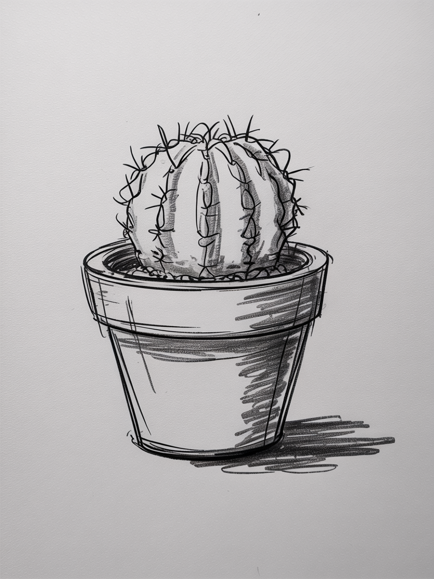 30x Sketch Ideas Easy: Quick and Creative Ideas for Instant Inspiration 2026 23 Sketch Ideas Easy: a black and white sketch of a small round cactus in a flower pot, with soft shading and a right-side cast shadow.