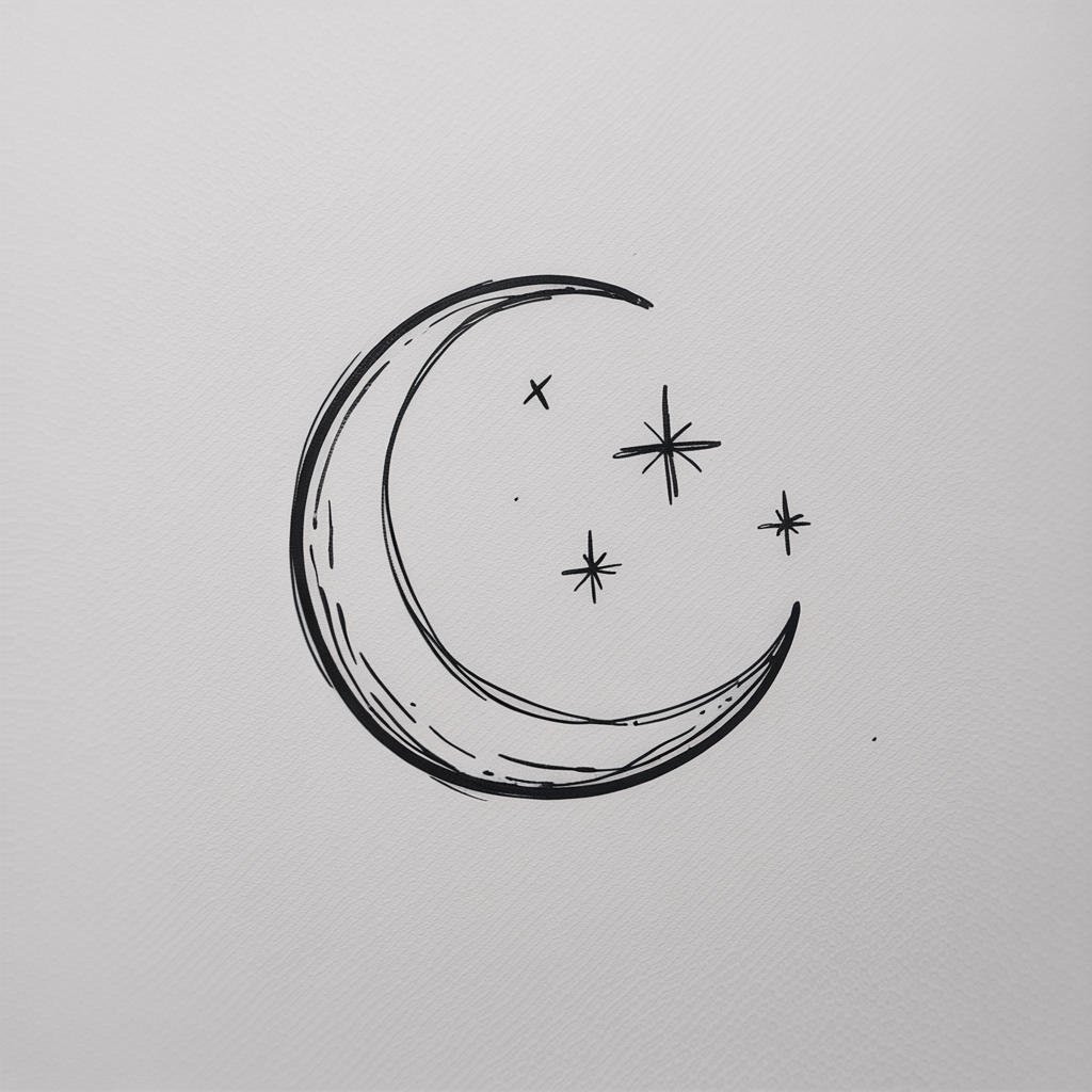 30x Sketch Ideas Easy: Quick and Creative Ideas for Instant Inspiration 2026 25 Sketch Ideas Easy crescent moon line drawing with small stars on textured white paper.