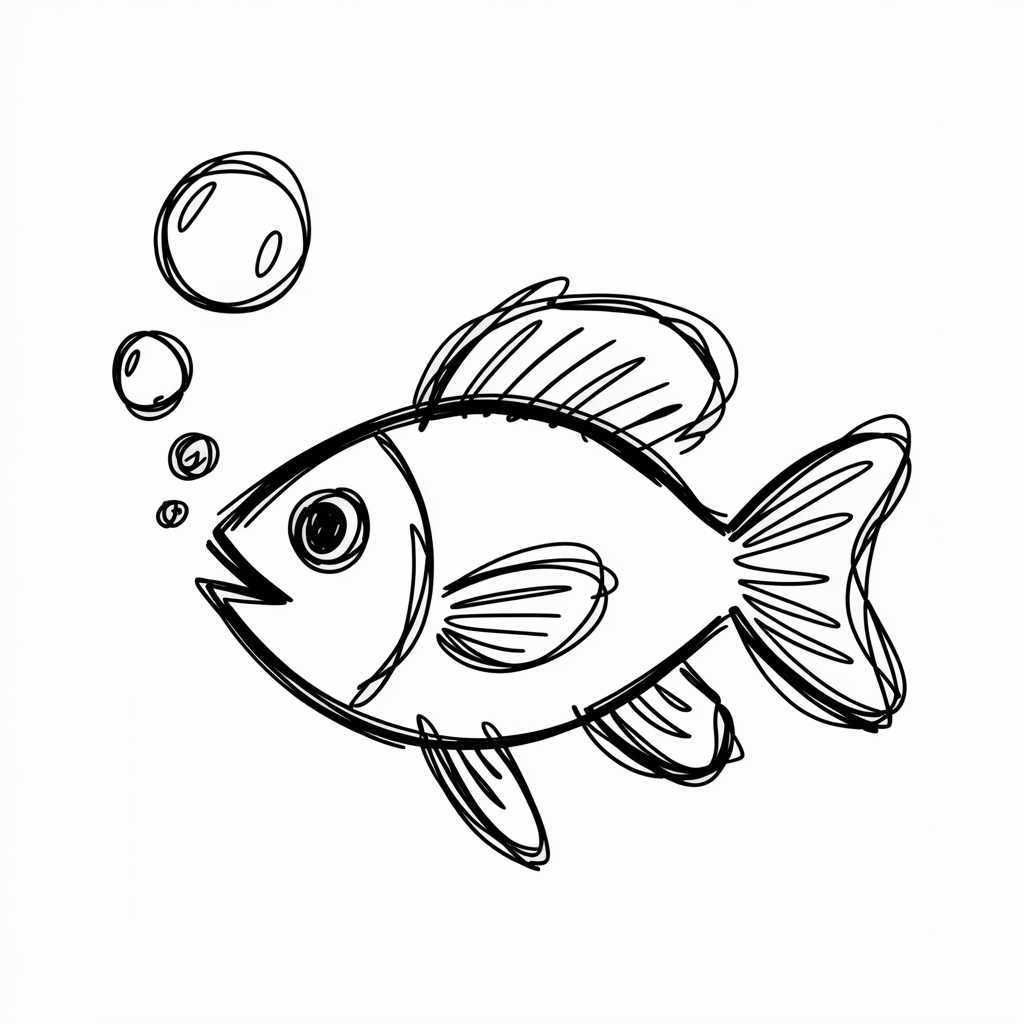 30x Sketch Ideas Easy: Quick and Creative Ideas for Instant Inspiration 2026 26 Sketch Ideas Easy cute fish line drawing with bold outline, fin hatching, and rising bubbles on a clean white background.