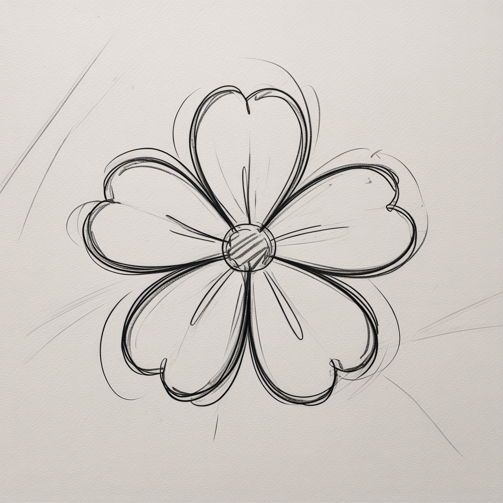 30x Sketch Ideas Easy: Quick and Creative Ideas for Instant Inspiration 2026 27 Sketch Ideas Easy simple black line drawing of a five petal flower on textured paper with loose contour lines and a striped center.