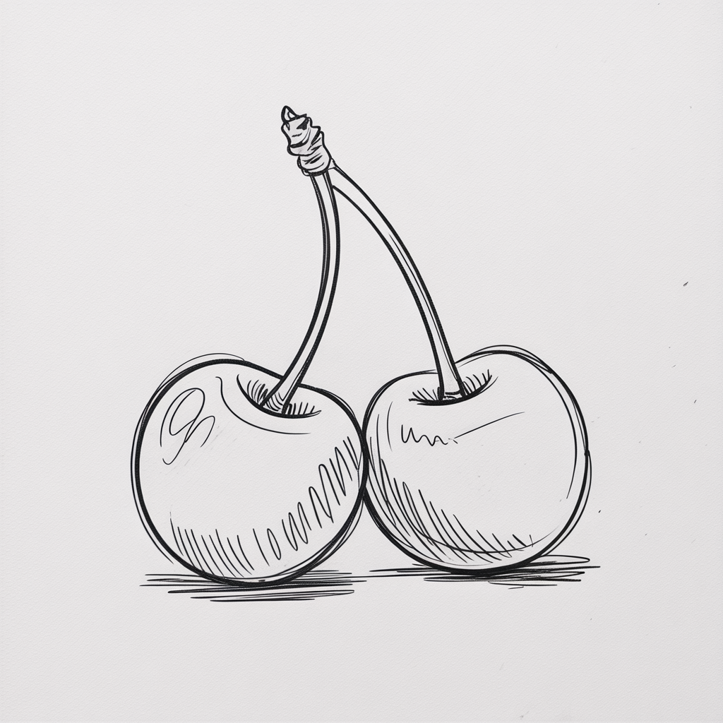 30x Sketch Ideas Easy: Quick and Creative Ideas for Instant Inspiration 2026 28 Sketch Ideas Easy two cherries in black ink, joined by crossing stems with light hatching and a small ground shadow on white.