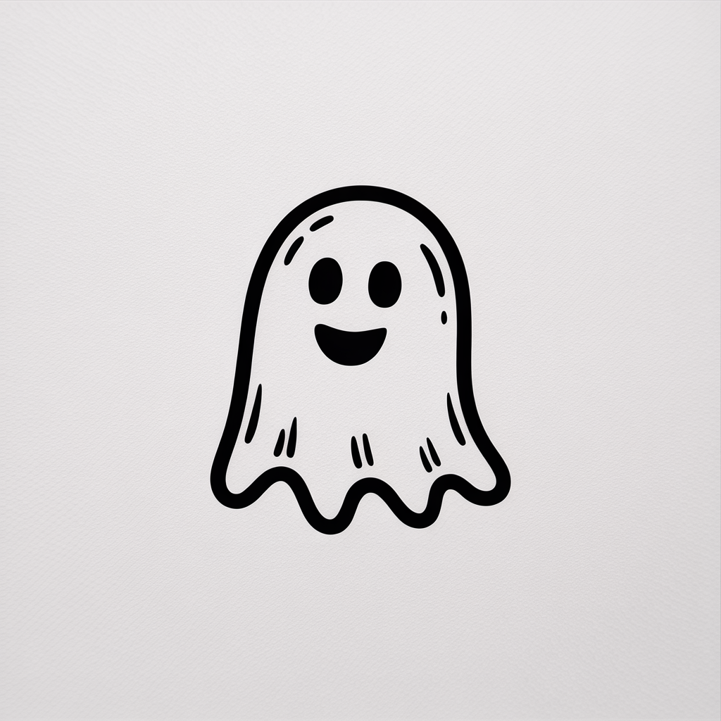 30x Sketch Ideas Easy: Quick and Creative Ideas for Instant Inspiration 2026 29 Sketch Ideas Easy, a cute smiling ghost doodle with a bold black outline, a wavy bottom edge, and small fold marks on a white textured background.