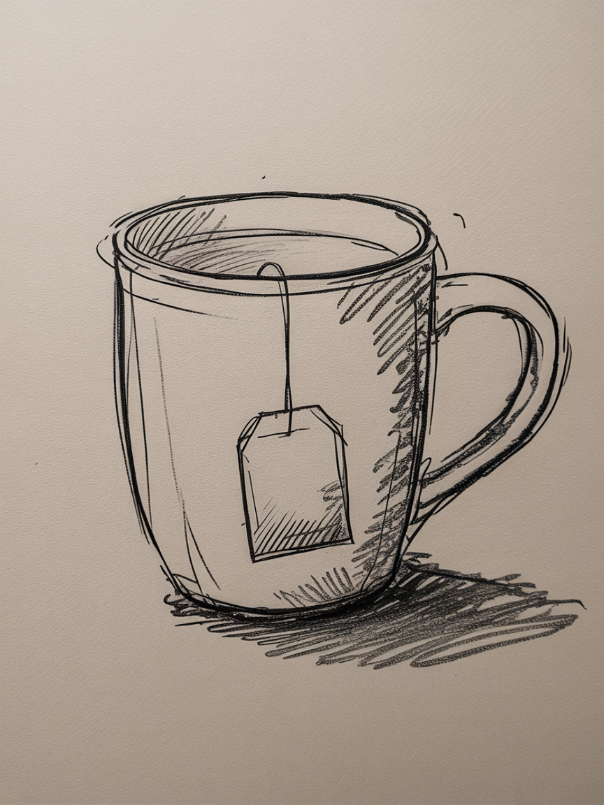 30x Sketch Ideas Easy: Quick and Creative Ideas for Instant Inspiration 2026 30 Sketch Ideas Easy, a simple line sketch of a teacup with a hanging tea bag tag and crosshatched shading on a neutral paper background.
