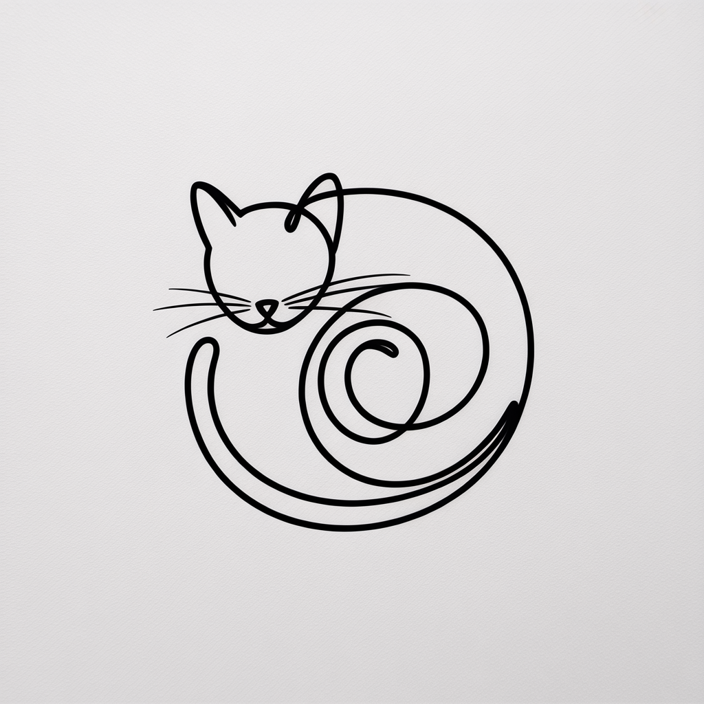 Line Art Drawing Ideas, minimalist black line drawing of a curled sleeping cat with a spiral tail and fine whiskers on white paper.