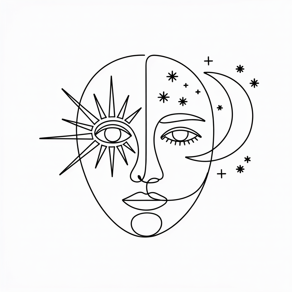 Line Art Drawing Ideas, a minimalist face outlined in black with a sunburst eye on the left and a crescent moon and stars on the right.