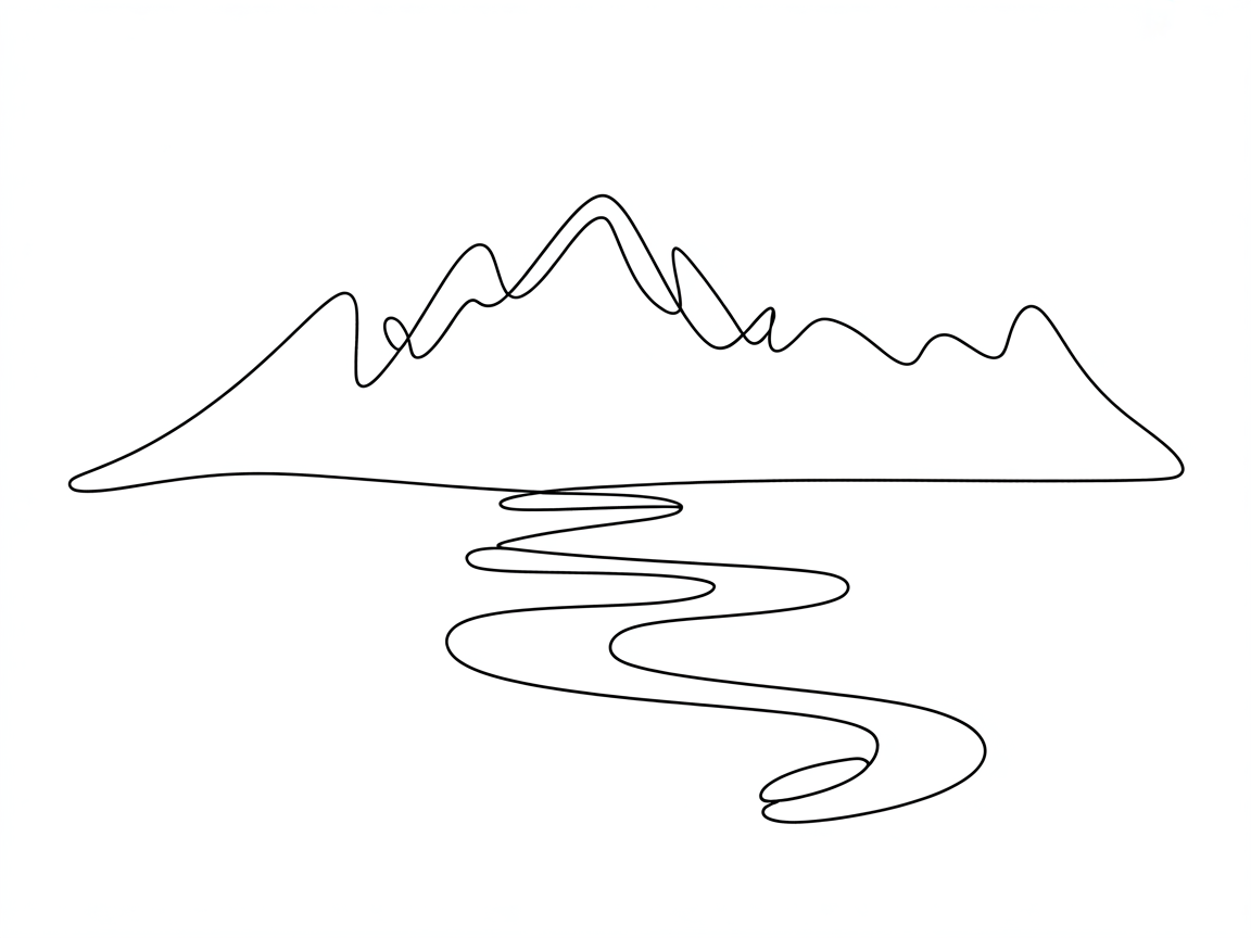 Line Art Drawing Ideas, a one-line illustration of mountain peaks with a winding river on a white background.