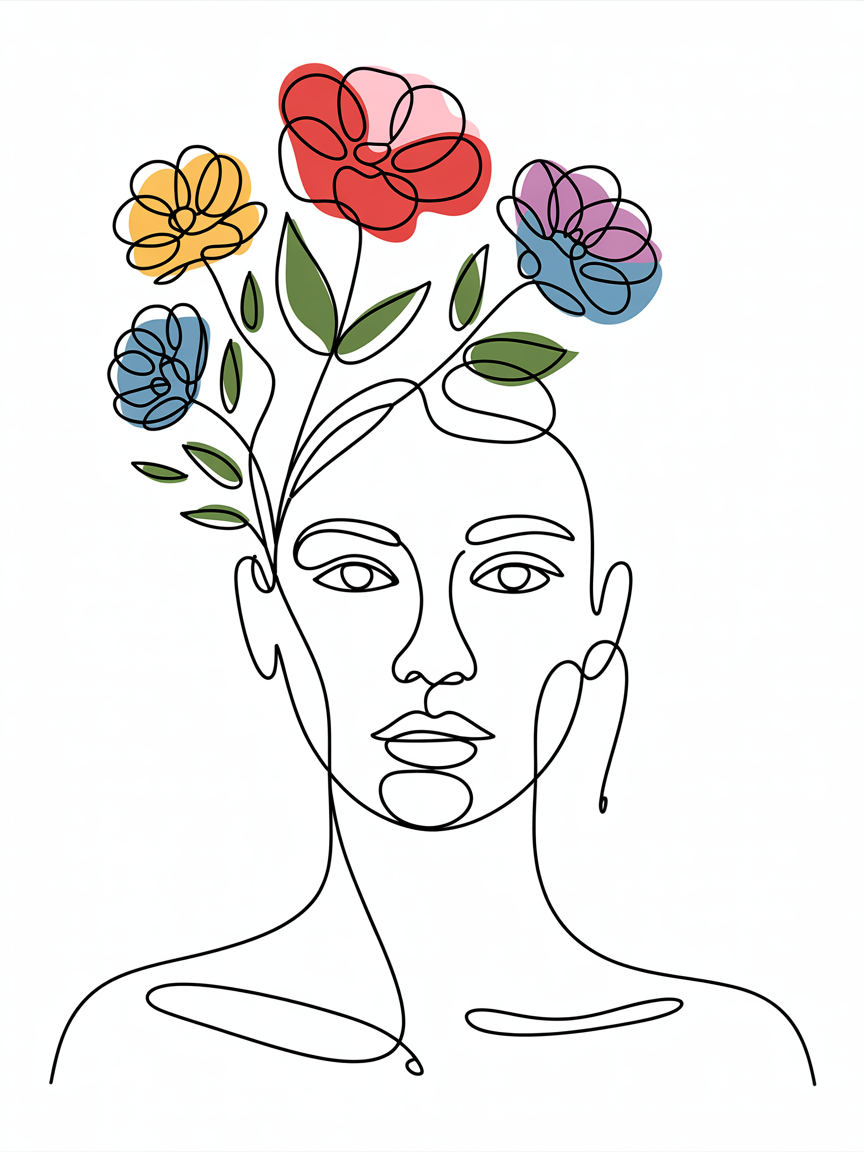 Line Art Drawing Ideas, minimalist one-line portrait of a face with colorful flowers and green leaves sprouting from the head on a white background.