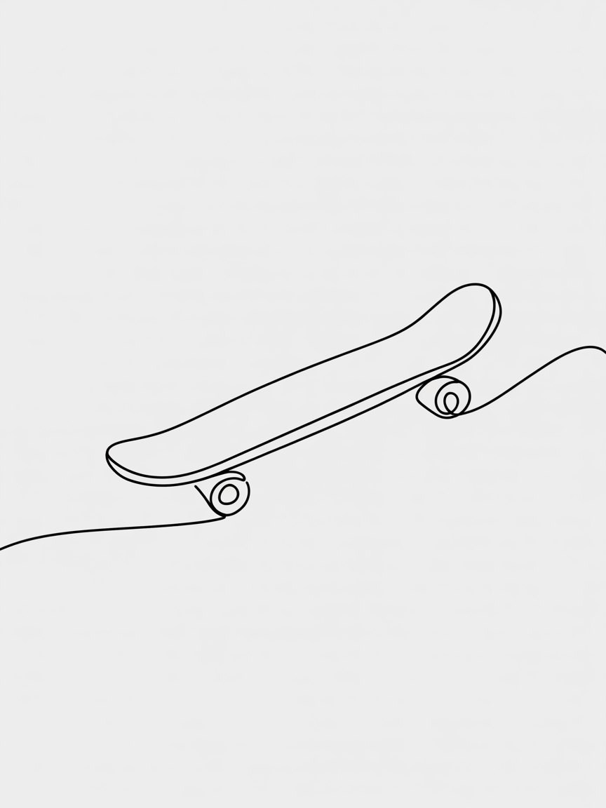 Line Art Drawing Ideas, minimalist single-line skateboard tilted on a blank background with simple wheels and a flowing contour.