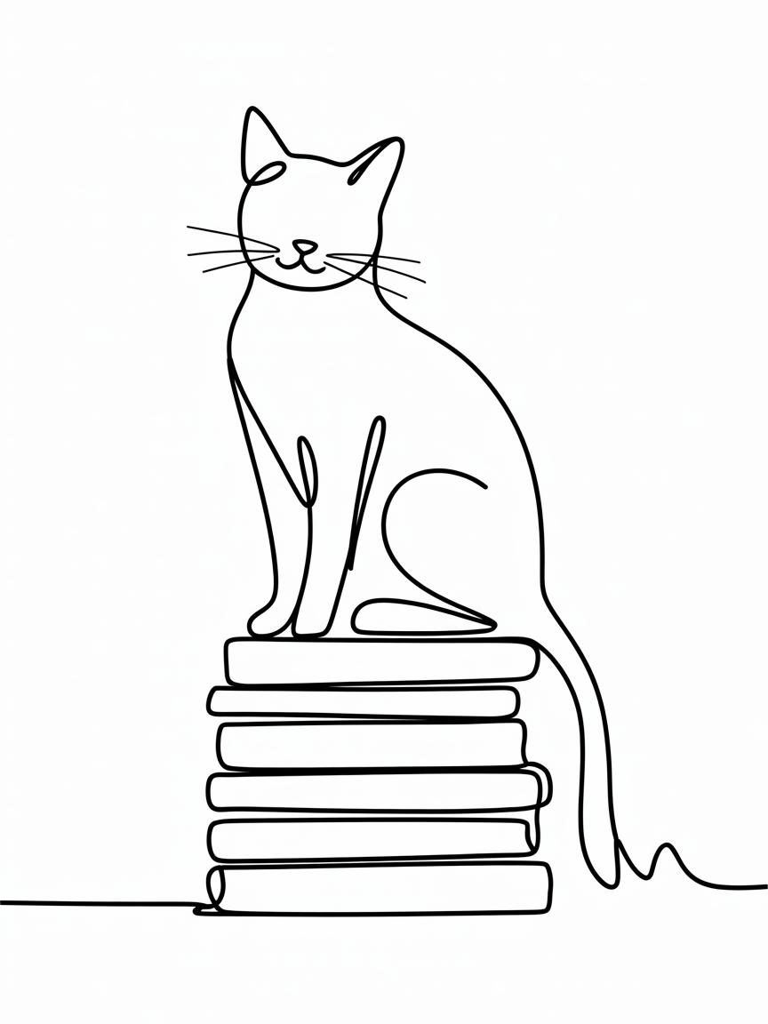 Line Art Drawing Ideas: minimalist single-line cat sitting on a stack of books against a white background.