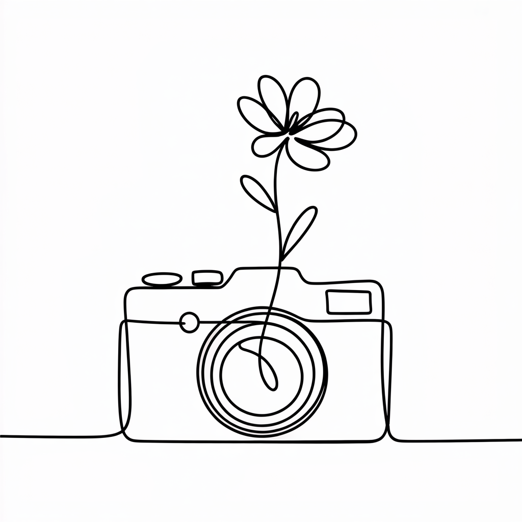 Line Art Drawing Ideas a minimal single line drawing of a camera with a flower rising from the lens on a white background.