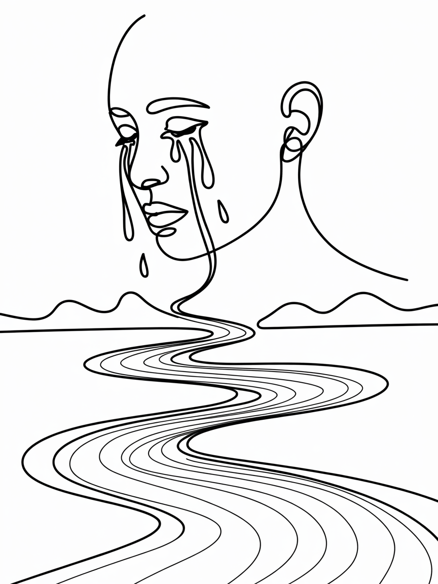 Line Art Drawing Ideas minimal black line illustration of a face with tears flowing into a winding river through a simple landscape with low hills.
