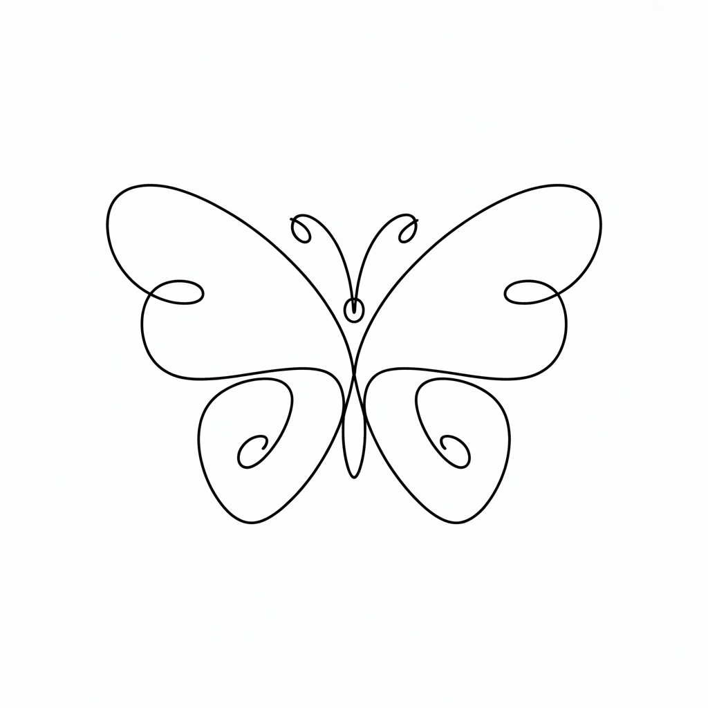 Line Art Drawing Ideas: a simple line drawing of a butterfly with symmetrical swirling wings on a white background.