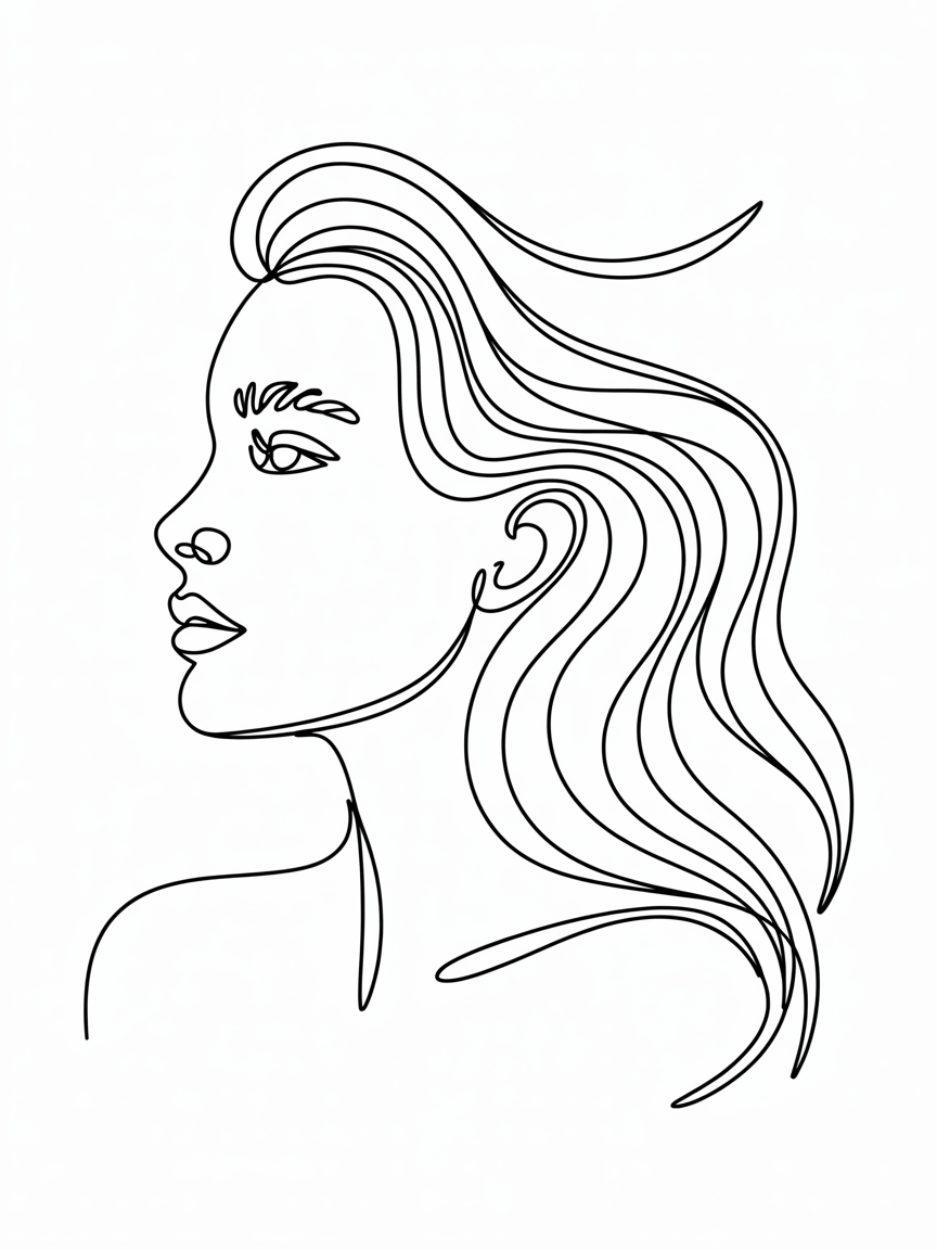 Line Art Drawing Ideas minimalist side profile portrait with flowing wavy hair drawn in clean black lines on a white background.