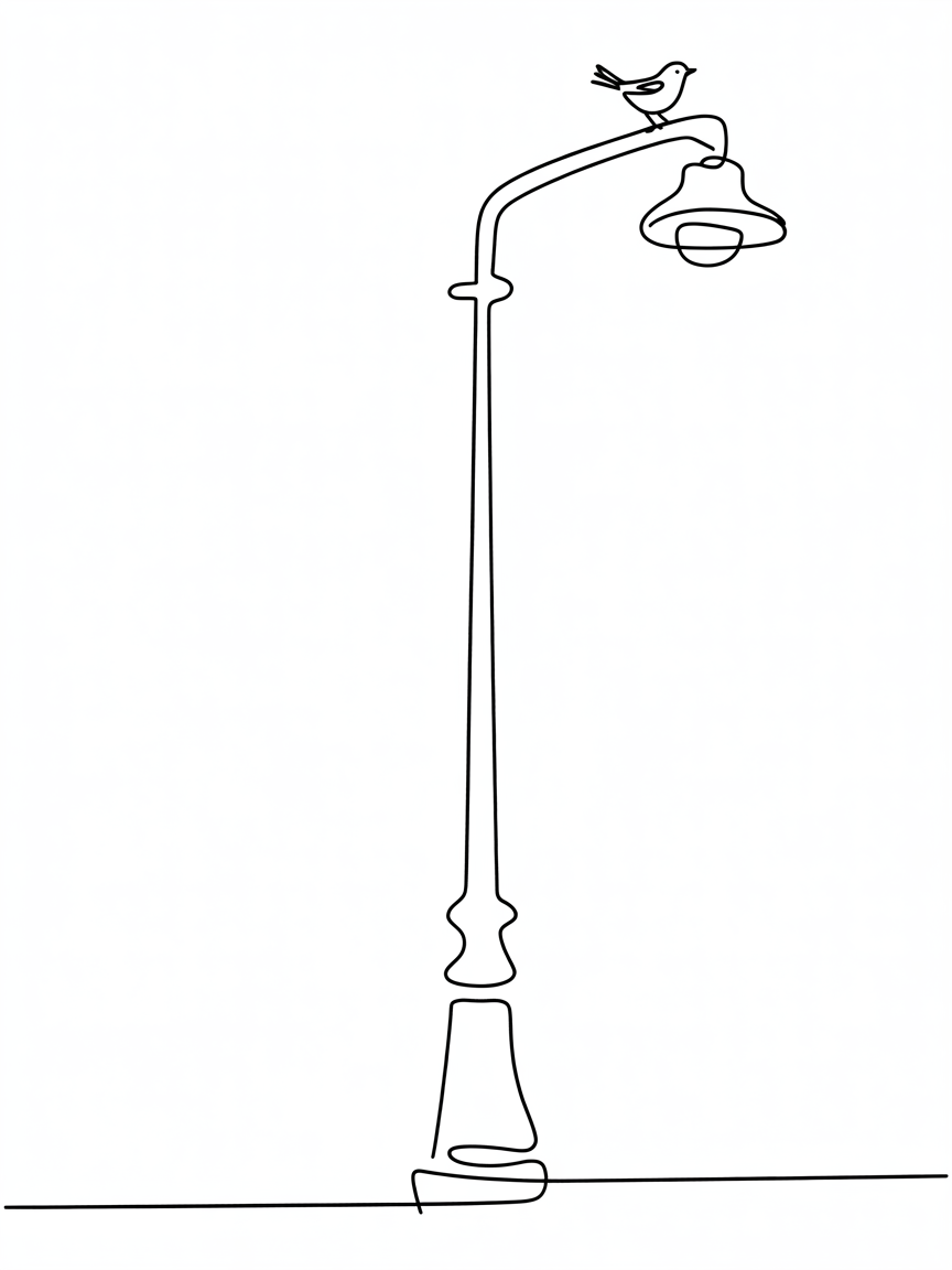 Line Art Drawing Ideas, a minimalist single-line sketch of a vintage streetlamp with a small bird perched on the lamp head against a white background.