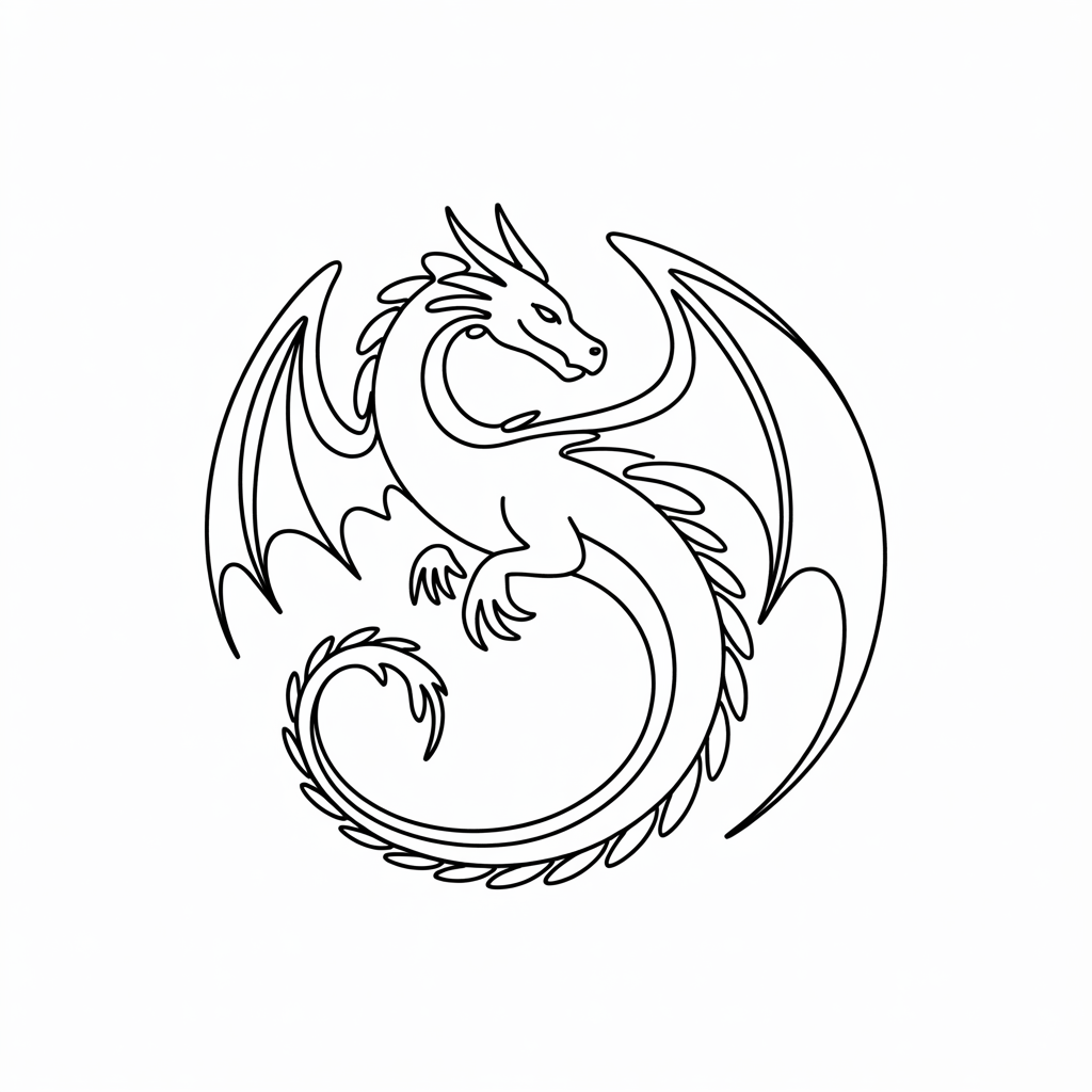 Line Art Drawing Ideas, a curled dragon with broad wings forming a circle, drawn in clean black lines on white.