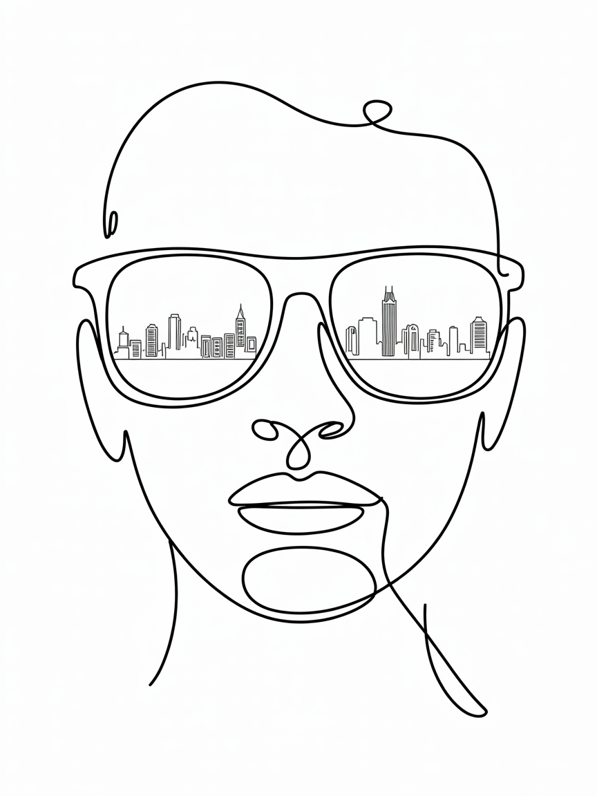 Line Art Drawing Ideas: a continuous one-line portrait with sunglasses reflecting a simple city skyline.