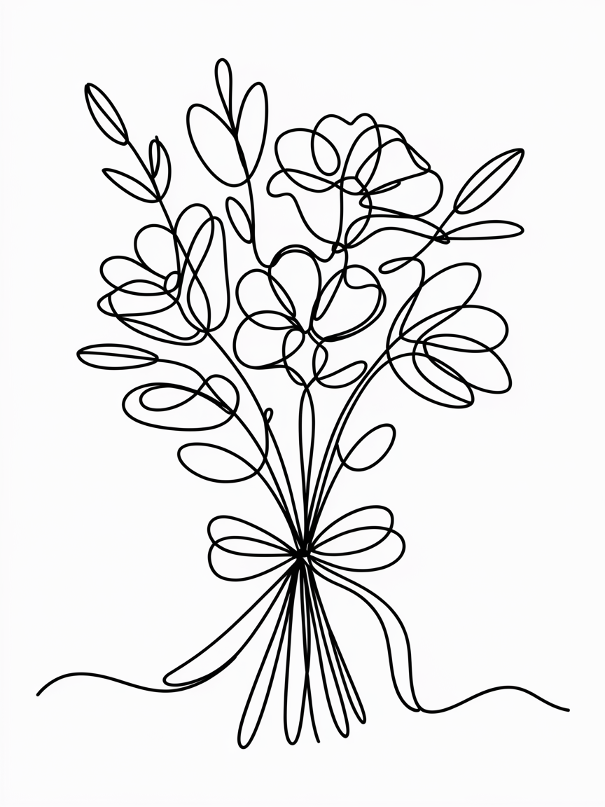 Line Art Drawing Ideas, a continuous single-line bouquet of flowers with looping petals, simple leaves, and a ribbon bow in black on white.