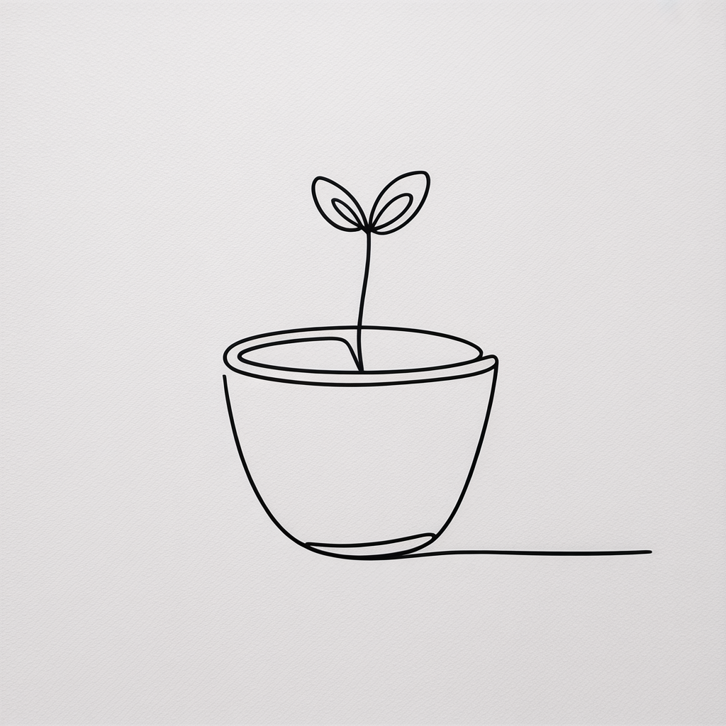 Line Art Drawing Ideas, a minimalist single-line drawing of a small sprout in a bowl-shaped pot on textured white paper with wide negative space.