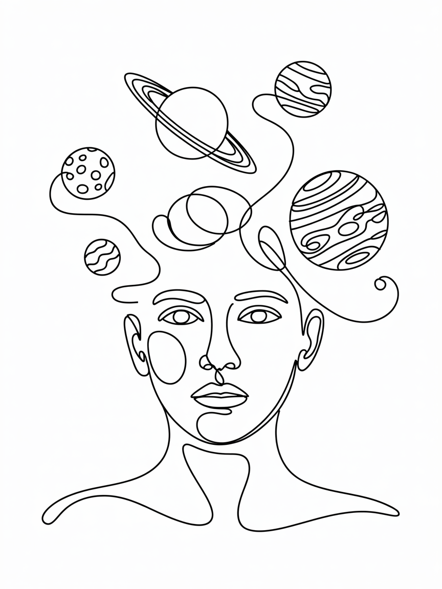 Line Art Drawing Ideas abstract one-line portrait of a calm face with planets and swirling orbits above on a white background.