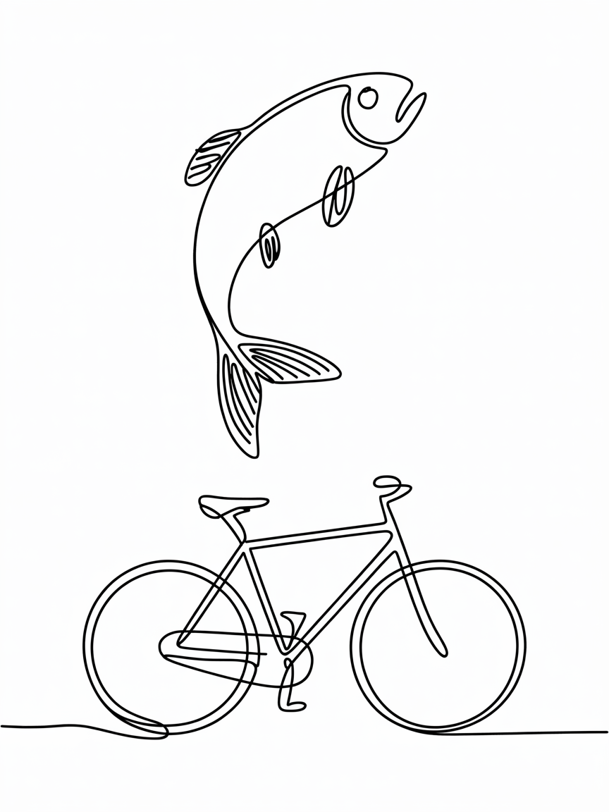 Line Art Drawing Ideas, a single continuous line drawing of a leaping fish above a bicycle on a white background.