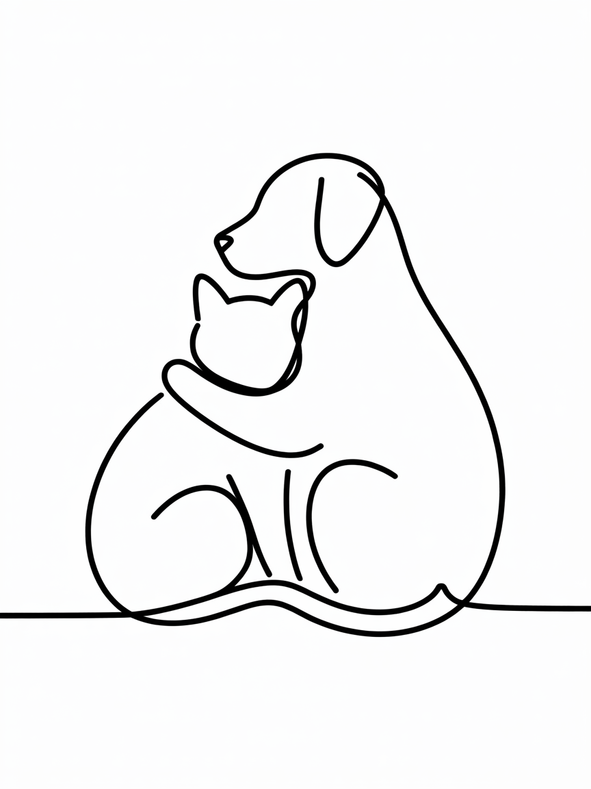 Line Art Drawing Ideas, a single-line drawing of a dog with a cat in a cuddle, thick black curves on a white background.