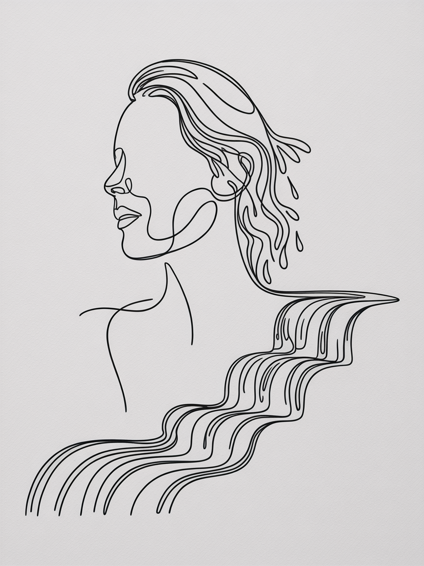 Line Art Drawing Ideas, a minimalist profile in clean black lines with hair transforming into a cascading waterfall on white paper.