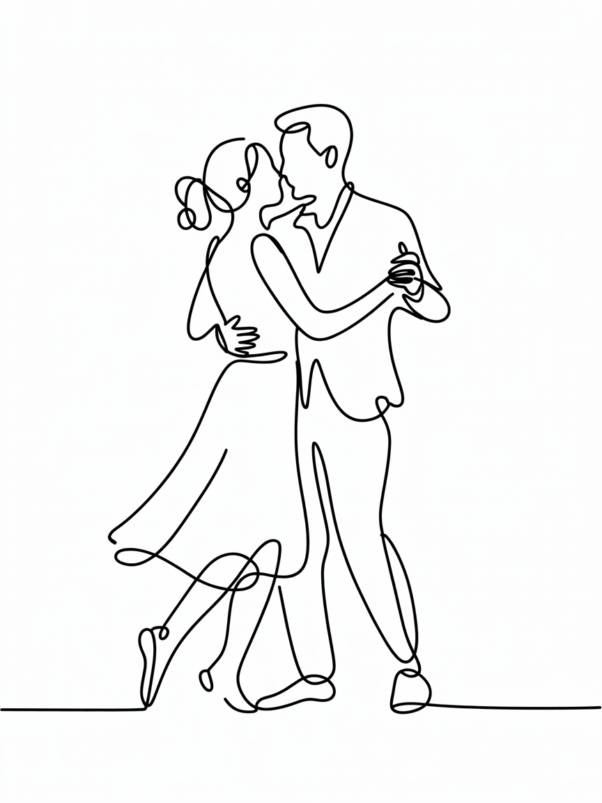 Line Art Drawing Ideas, a single continuous line drawing of a couple dancing in an embrace on a plain white background.