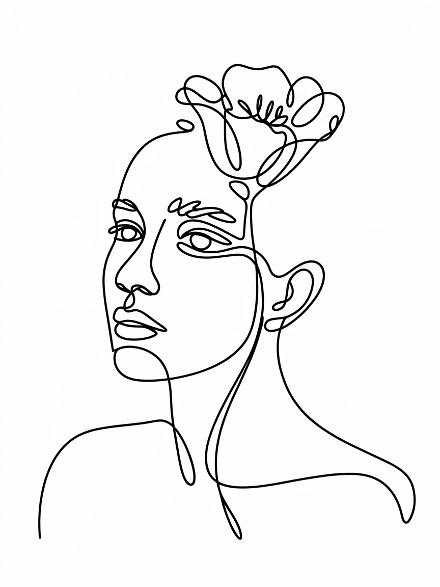 Line Art Drawing Ideas, a continuous line portrait in three-quarter view with a simple flower above the forehead, black lines on a white background