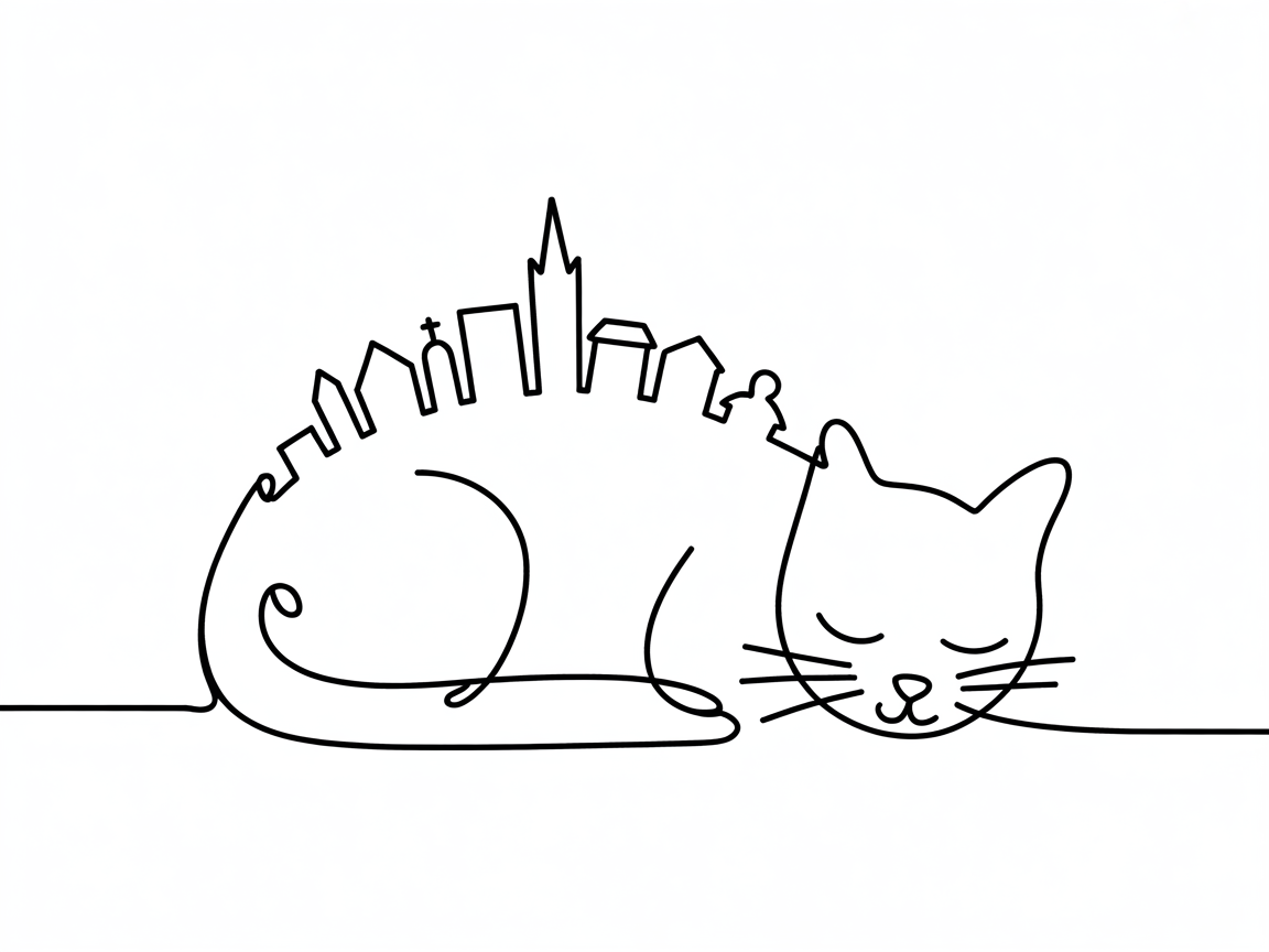 Line Art Drawing Ideas showing a minimalist one-line drawing of a sleeping cat with a small city skyline along its back on a white background.