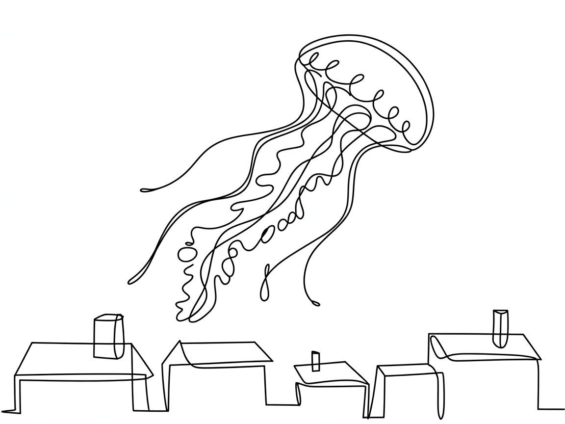 Line Art Drawing Ideas, a continuous-line jellyfish floats above simple rooftops and small chimneys on a clean white background.