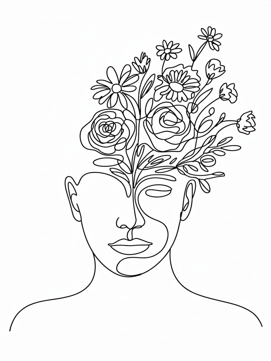 Line Art Drawing Ideas, a minimalist continuous-line portrait of a face with flowers blooming from the head on a white background.