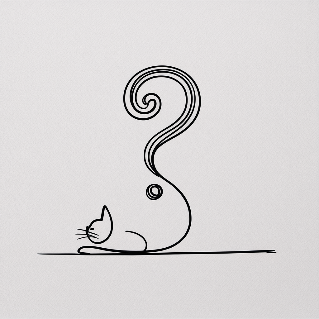 Line Art Drawing Ideas: minimalist black line drawing of a cat with a spiraling question-mark tail on white textured paper.