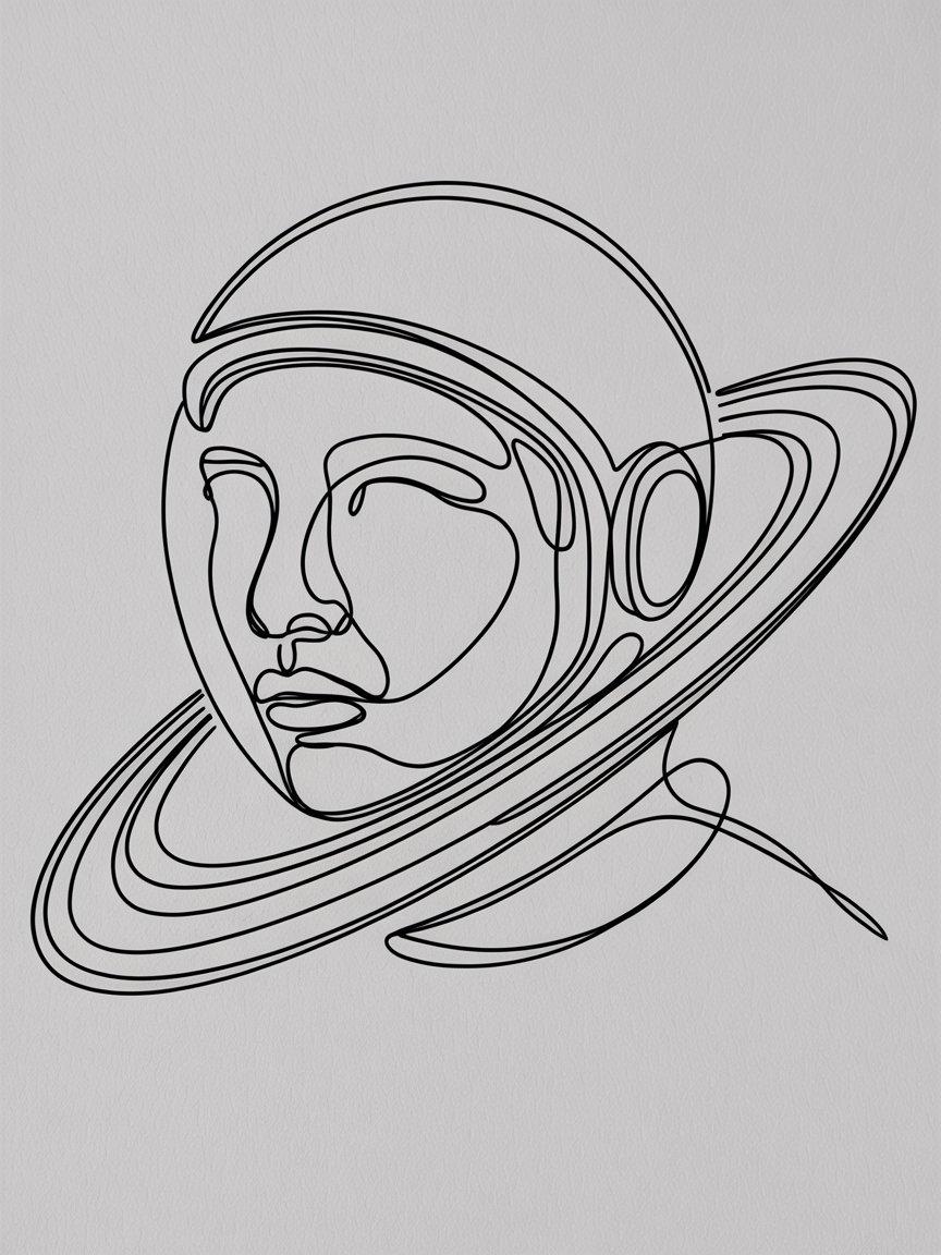 Line Art Drawing Ideas, a single-line astronaut face in a helmet with sweeping ring shapes drawn in black on light textured paper