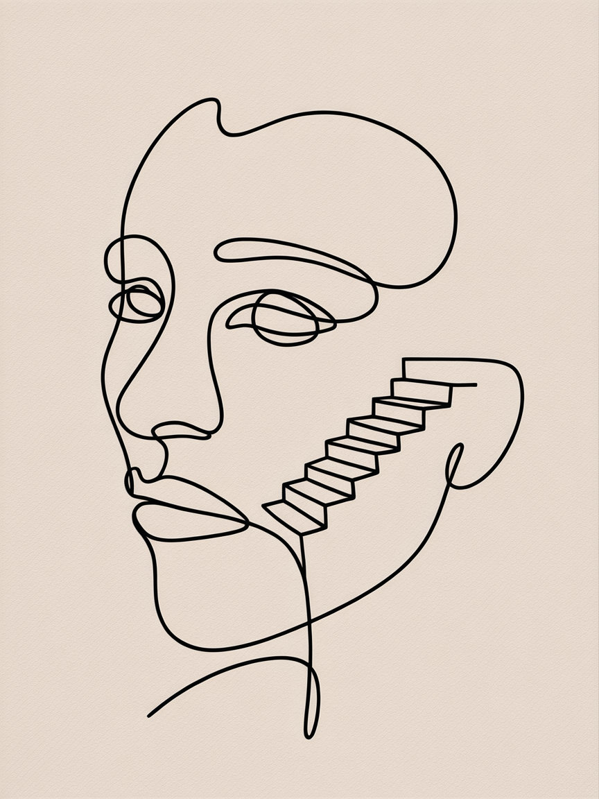 Line Art Drawing Ideas, a continuous black line forms a face with a small staircase along the cheek on a beige textured background.