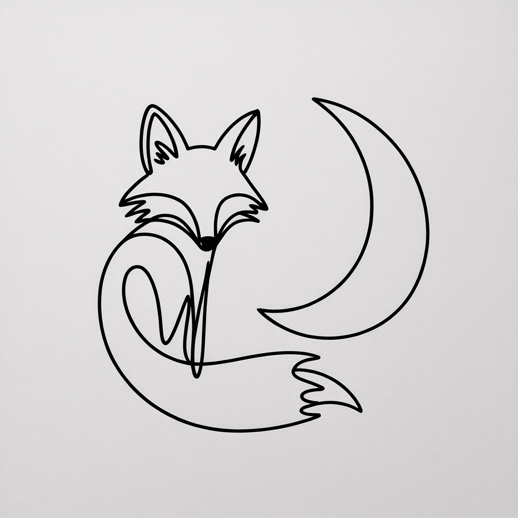 Line Art Drawing Ideas, a minimal black line fox with a curled tail beside a crescent moon on textured white paper.