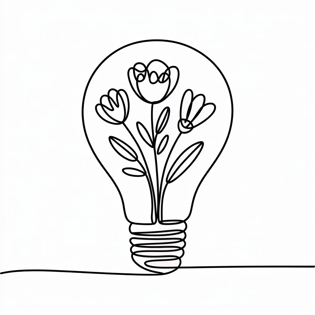 Line Art Drawing Ideas, a minimalist single-line lightbulb holding three flowers on a clean white background.