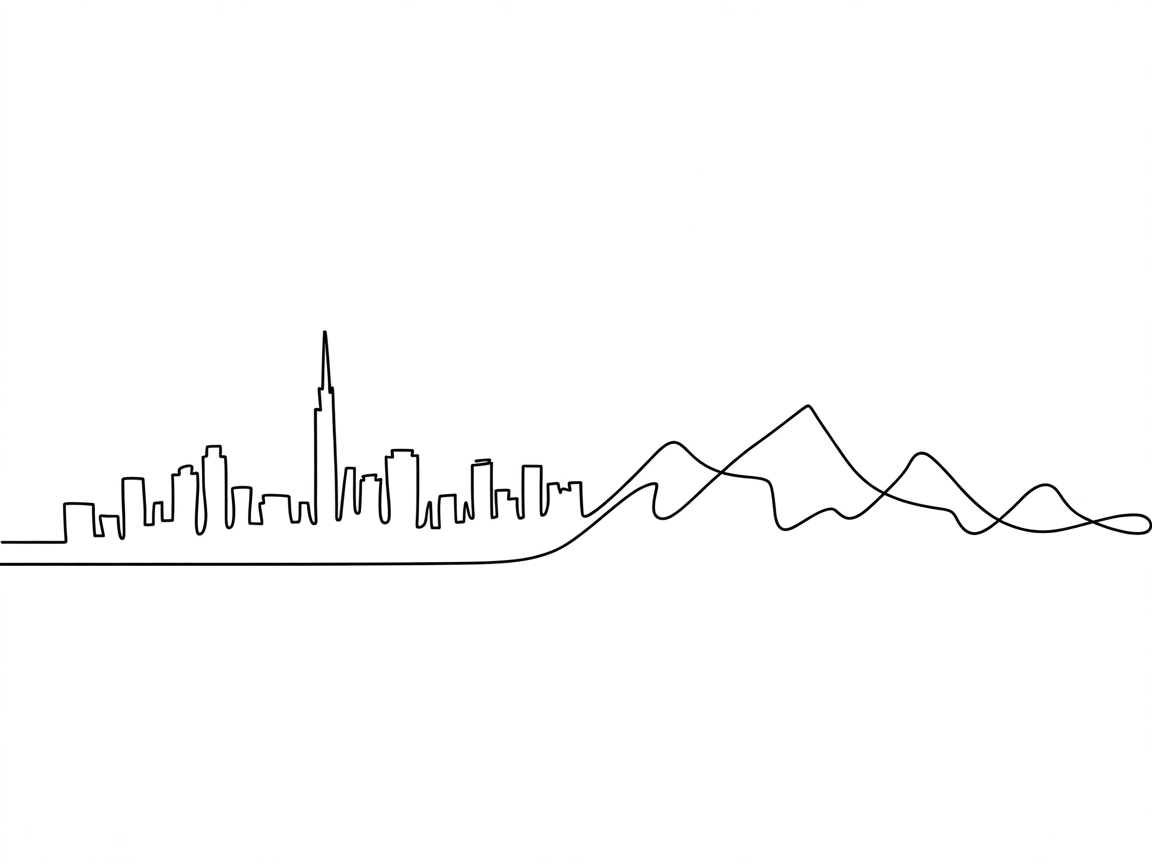 Line Art Drawing Ideas: a continuous single-line city skyline flowing into a mountain range on a white background.