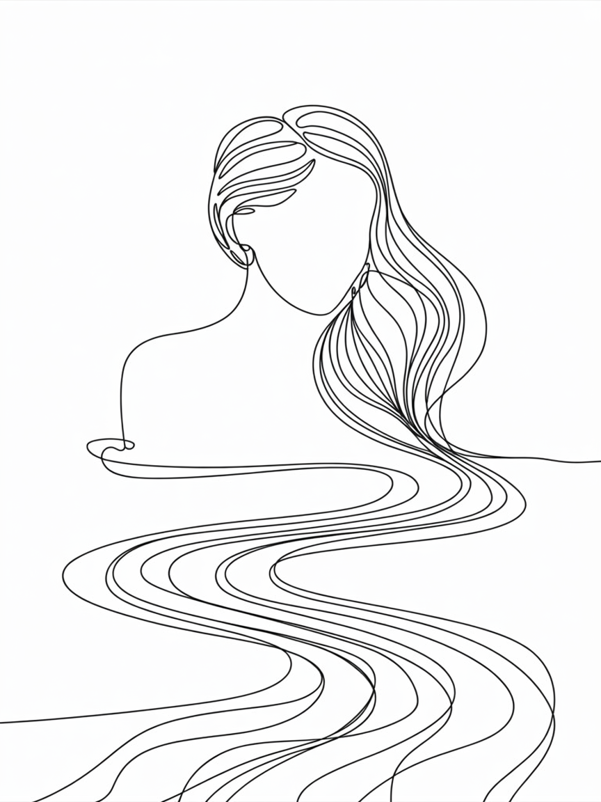 Line Art Drawing Ideas, a minimalist line portrait of a faceless figure with long hair flowing into wavy curves across a clean white background.