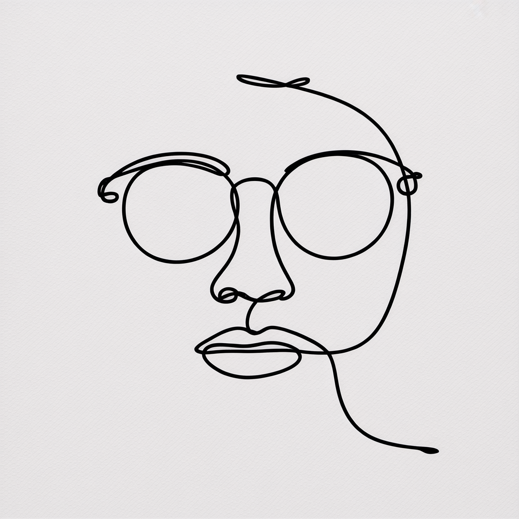 Line Art Drawing Ideas minimalist single-line portrait of a face wearing round glasses on textured white paper.