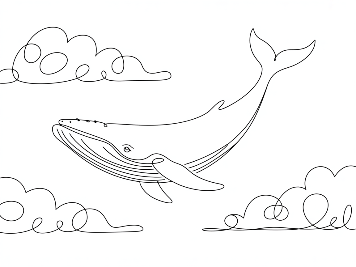 Line Art Drawing Ideas, a single-line whale floating among curly clouds on a white background.