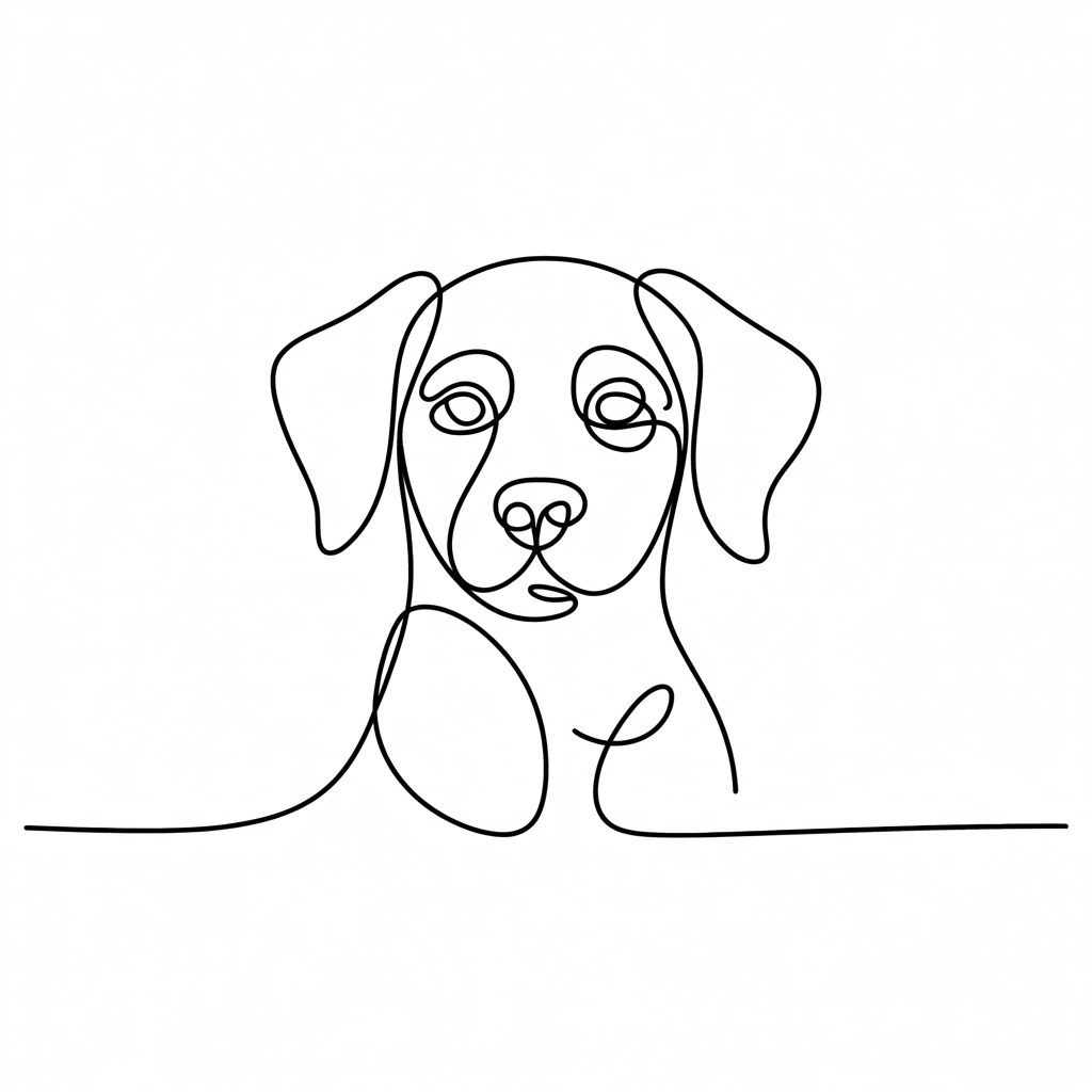Line Art Drawing Ideas, a single continuous-line sketch of a puppy with droopy ears and simple loops for the eyes and nose on a clean white background.