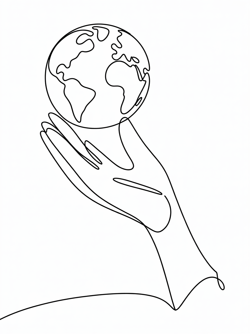 Line Art Drawing Ideas, a single continuous line shows a hand holding a small globe with simple continent shapes on a white background.