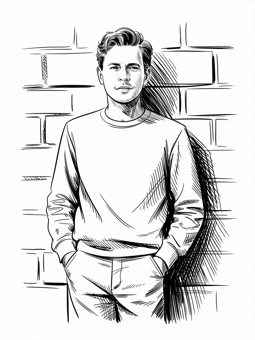 Male Art Drawing Ideas: black and white line art of a man in a sweatshirt leaning against a brick wall, with cross-hatched shadows and simple geometric background.